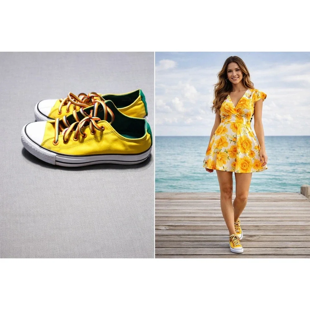 Converse All Star Low Top WM8/M6 UNISEX‎ Yellow Rainbow Wedding Shoes Sneakers - Picture 3 of 9